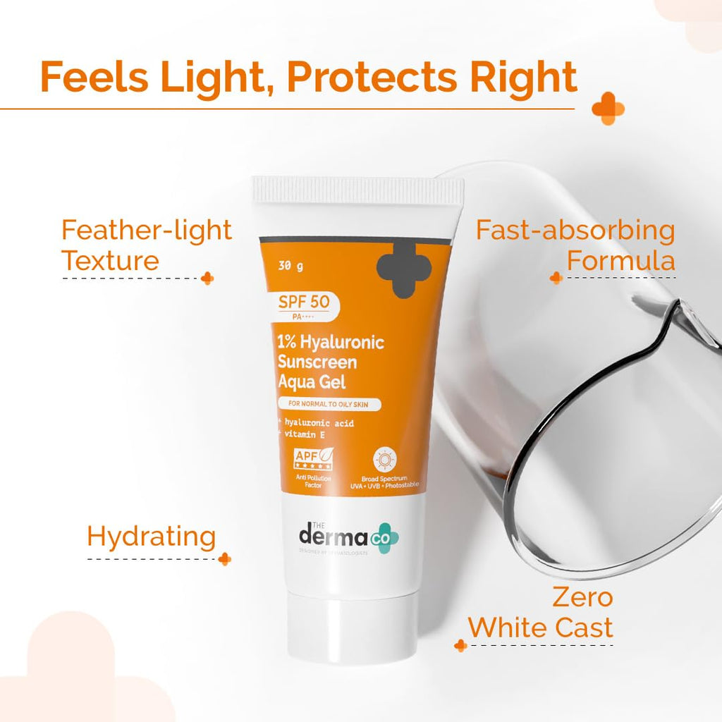 The Derma Co 1% Hyaluronic Sunscreen Aqua Gel SPF 50 PA++++ | Hydrating, Lightweight & Non-Greasy | No White Cast | Broad Spectrum & Blue Light Protection | Clinically Tested - (In-Vivo) | 30 g