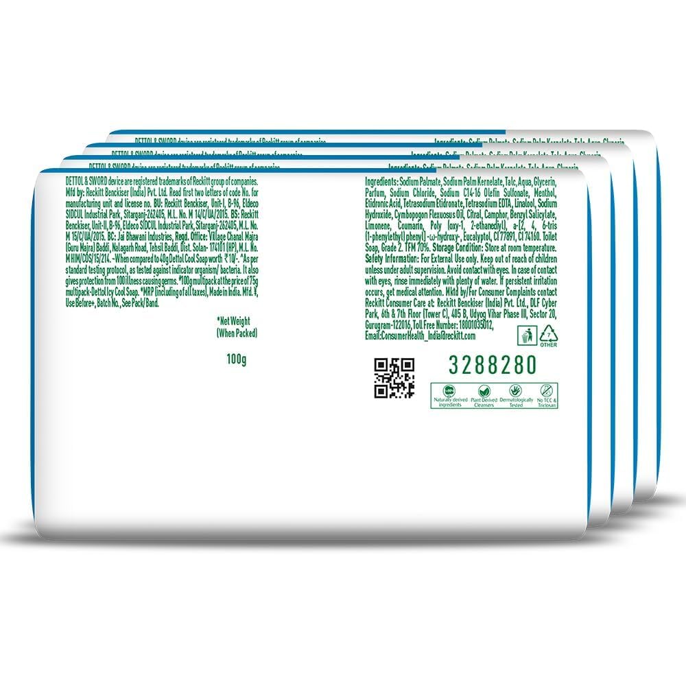 Dettol Icy Cool Bathing Soap Bar With 3x intense cooling (400gm), 100gm - Pack of 4