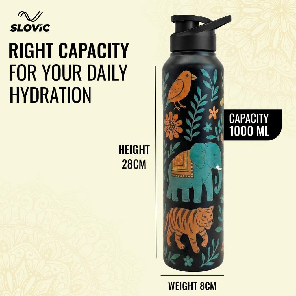 SLOVIC Steel Water Bottle 1 Ltr | Incredible India Design Fridge Water Bottle for School Kids | 100% BPA Free & leak-Proof | Sipper Water Bottles for Adults | Ideal for Gym, Office, Travel