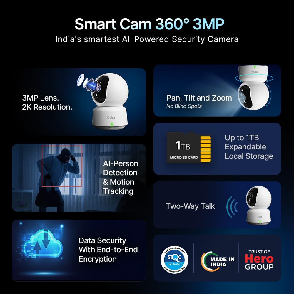 Qubo Smart 360° 3MP [2K] Wi-Fi Security Camera [2026 Edition] by Hero Group | Indoor CCTV Cam for Home | STQC Certified | AI Person Detection | Color Night Vision | SD&Cloud Storage (Pack of 2)