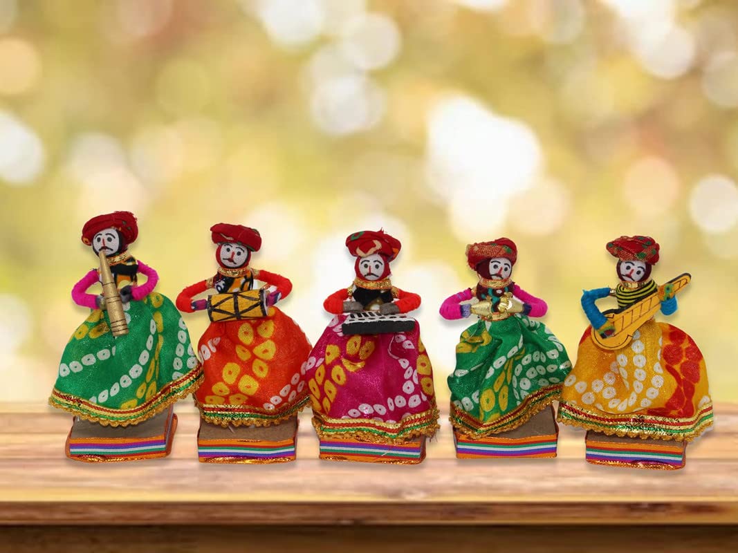JH Gallery Recycled Material Rajasthani Home Decor Items Musician Bawla Puppets Idol Show Pieces for Home Decor 11 X 28 Cm Multicolor, 5 Pieces (Male Puppets)