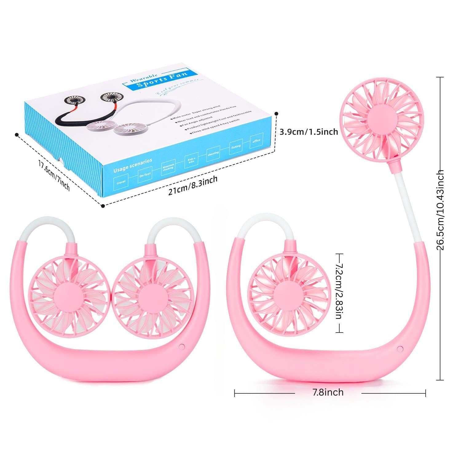 One94Store Portable Neck Fan (Pink) – 1200mAh USB Rechargeable Hands-Free Wearable Fan with 3 Speed Modes, 7-Blade Powerful Cooling, Up to 3 Hours Battery for Travel, Office, Outdoor & Home