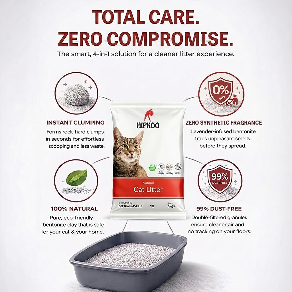 Hipkoo Exclusive Cat Litter 10Kg 100% Natural Unscented Bentonite Clay Dust Free Fragrance Free Absorbent Eco-Friendly Sand for All Breeds of Cats 2 Packs of 5 Kgs (Combo)