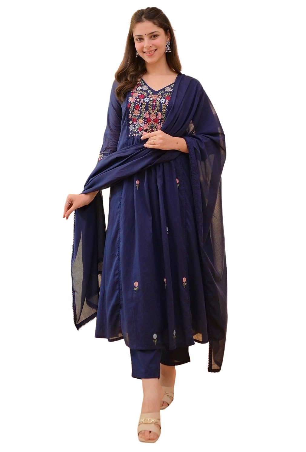 KLOSIA Women Embroidery Solid Anarkali Kurta and Pant Set with Dupatta (in, Alpha, L, Blue)