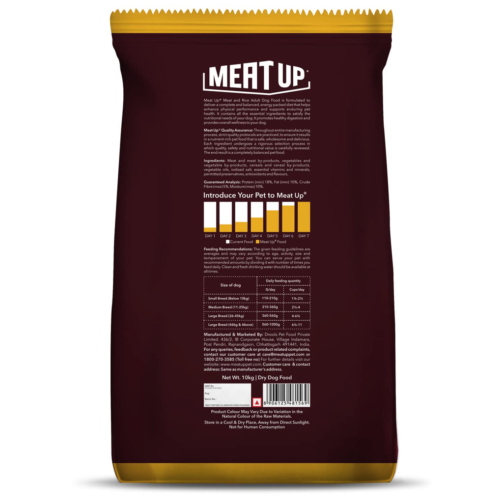 Meat Up Adult Dry Dog Food 20kg (10kg + 10kg) | Meat & Rice Flavor | Supports Healthy Skin & Coat | Enriched with Antioxidants, Vitamins and Minerals