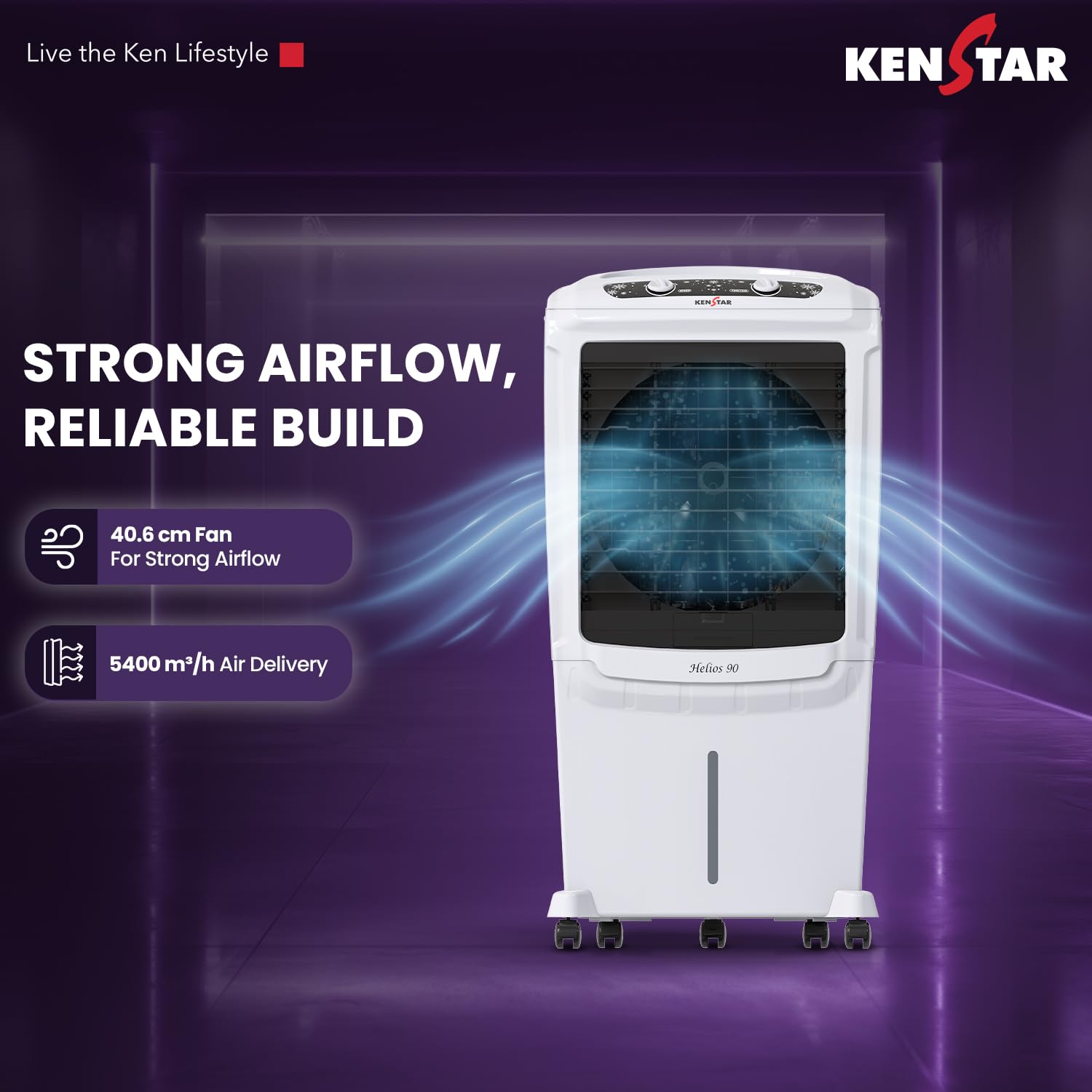 Kenstar Helios HC 90 Desert Air Cooler 90L|5 Star BEE Rated|5 Year Motor & Pump Warranty |50 ft Air Throw I Honeycomb Cooling|3-Speed | Water Level Indicator | Collapsible Louvers I Off White & Black