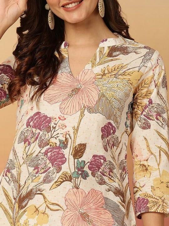 MANHAREE Women's Cotton Floral Printed Tunic Top | Mandarin Collar 3/4 Sleeve Ethnic Short Kurti for Jeans | Casual Summer Wear Floral Top for Women Beige