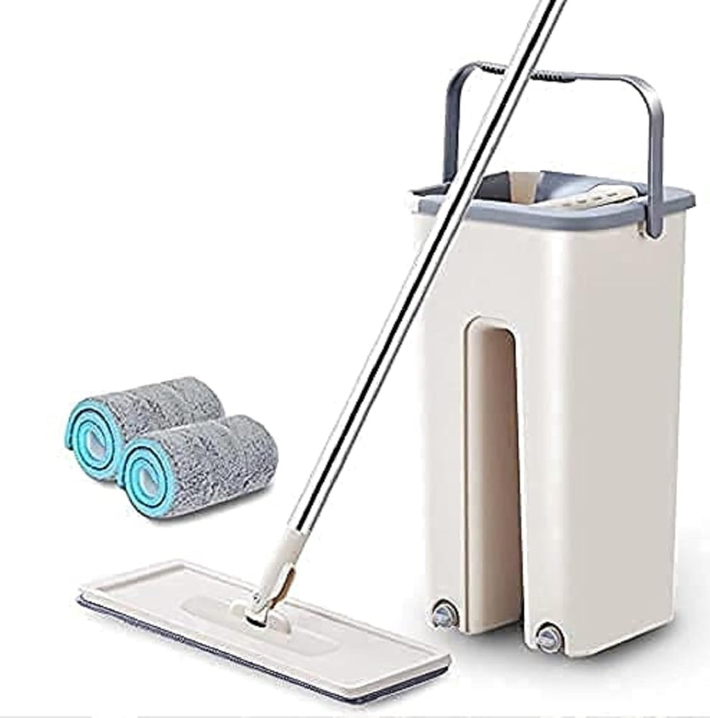 SSS Enterprise Heavy Quality Floor Mop with Bucket, Flexible Kitchen Tap Flat Squeeze Cleaning Supplies, 360° Flexible Quiet, 2 Reusable Pads, Microfiber, Adjustment Office Home Effective