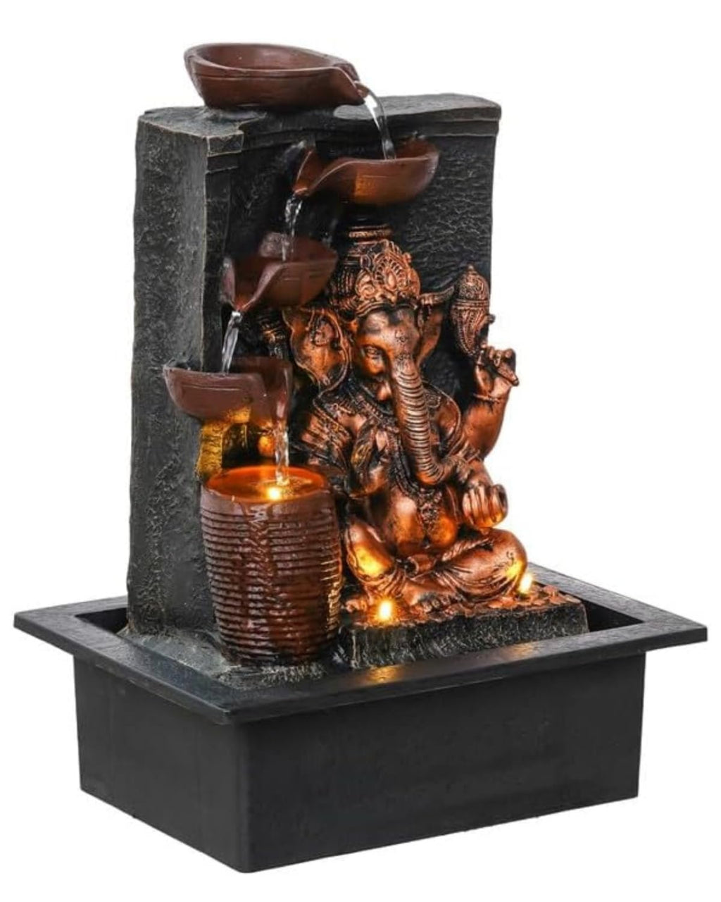 UAG Exports Tabletop Indoor Water Fountain/Waterfall 4-Diya Ganesha Fountain with LED Light & Water Flow Controller Pump for Home Decor, Office, Bedroom, Gifting (Size: 40x30x22CM | Weight: 2075grm)