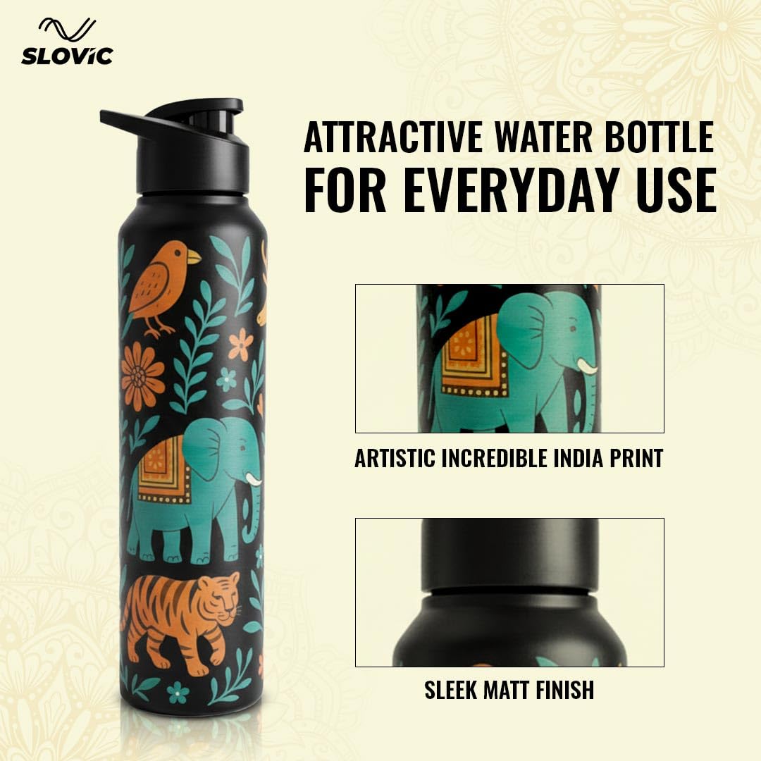 SLOVIC Steel Water Bottle 1 Ltr | Incredible India Design Fridge Water Bottle for School Kids | 100% BPA Free & leak-Proof | Sipper Water Bottles for Adults | Ideal for Gym, Office, Travel