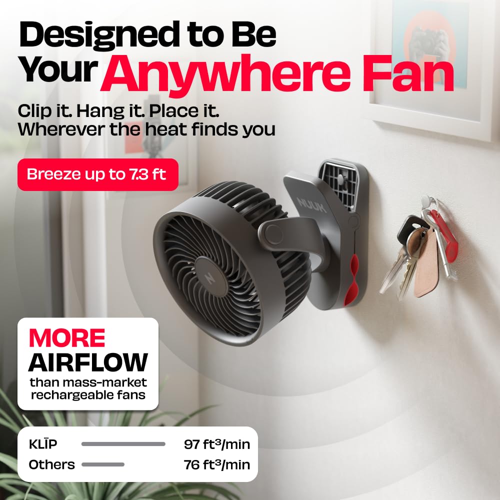 NUUK KLĪP Rechargeable Clip Fan | 3000mAh Battery | Up to 8 hrs Runtime | Super - silent BLDC Motor | 4 Speed Modes | 360° Manual Head Rotation | Strong 0–55mm Clamp | Type-C Charging