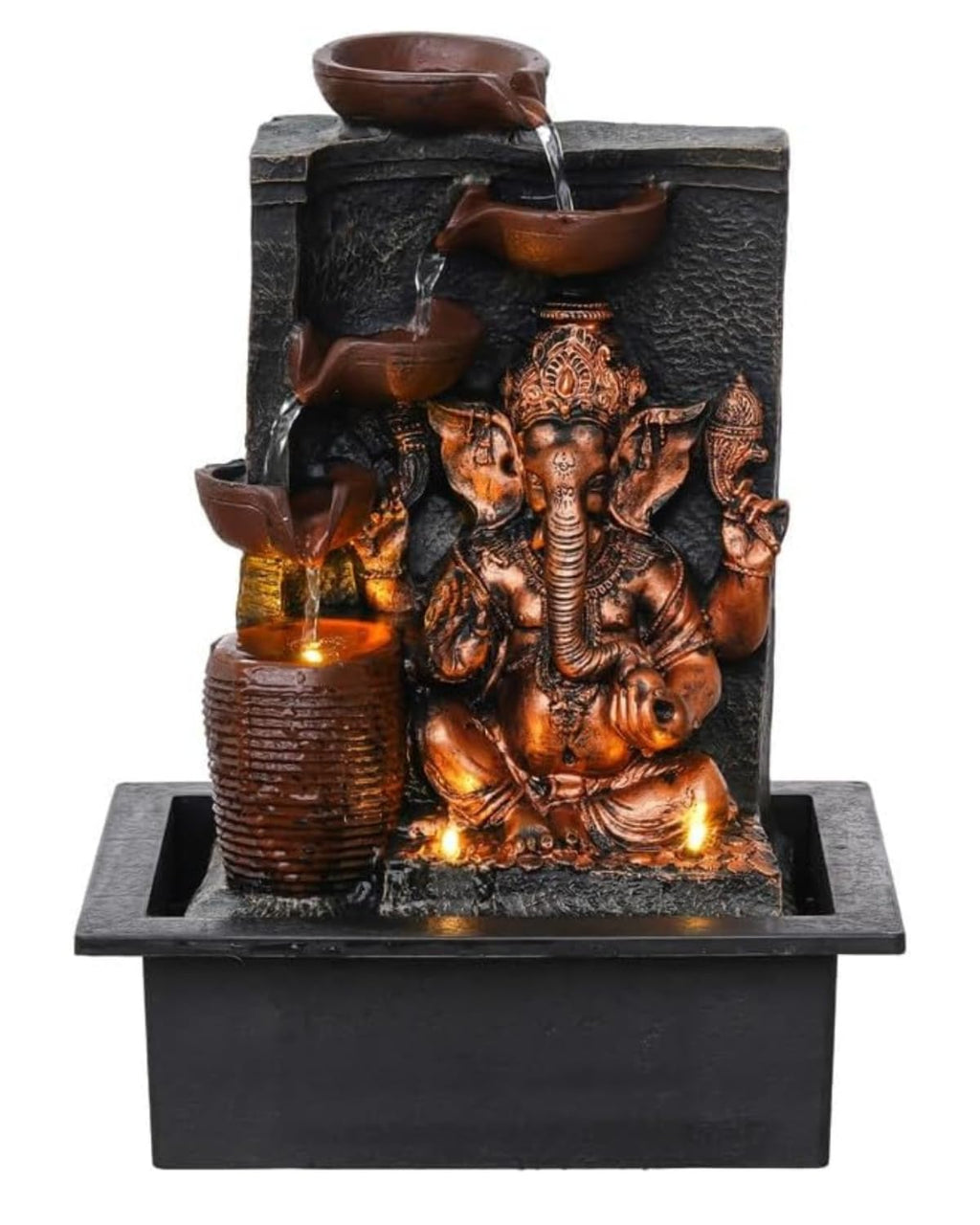 UAG Exports Tabletop Indoor Water Fountain/Waterfall 4-Diya Ganesha Fountain with LED Light & Water Flow Controller Pump for Home Decor, Office, Bedroom, Gifting (Size: 40x30x22CM | Weight: 2075grm)