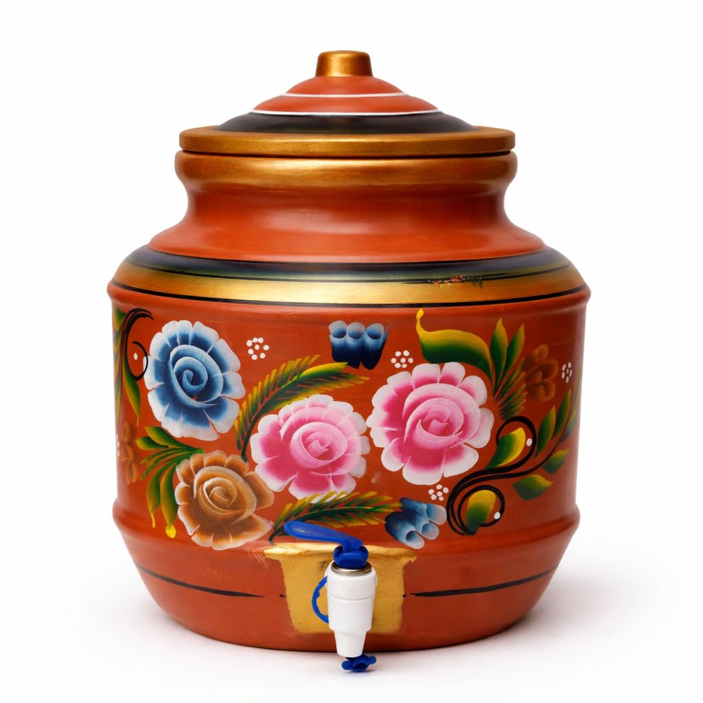 Hand-Painted Clay Water Pot with Tap | Earthen Matka Water Dispenser | Natural Cooling Terracotta Storage Pot | Traditional Mitti Matka for Home & Kitchen (Design 12)