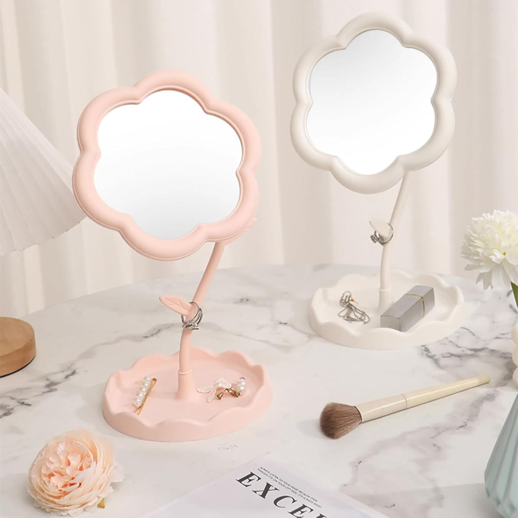 CALFHEAD Flower-Shaped Makeup Mirror, Rotatable Makeup Mirror with Tray Table Vanity Mirror Cute Flower-Shaped Mirror for Tabletop, Bedroom, Bathroom, Living Room(29L*16W)