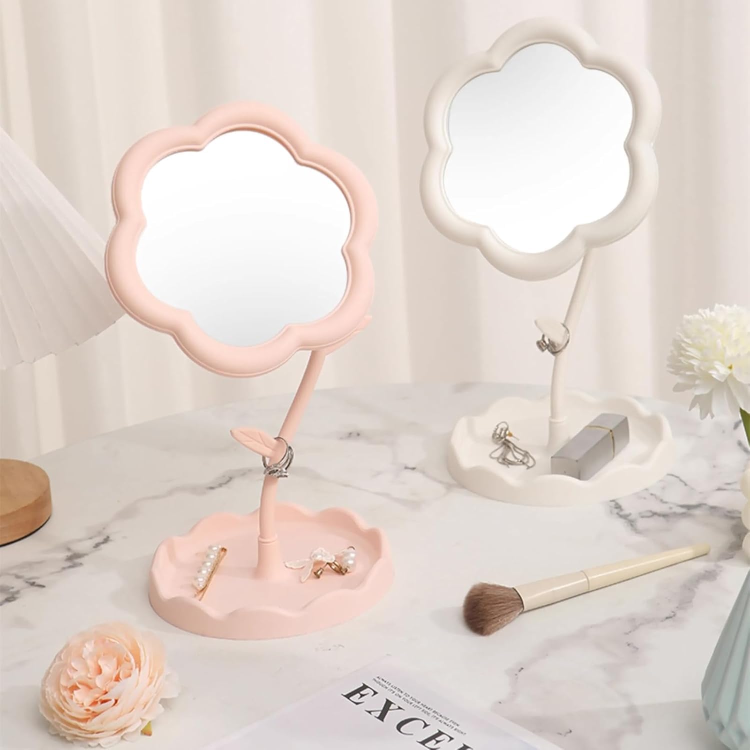 CALFHEAD Flower-Shaped Makeup Mirror, Rotatable Makeup Mirror with Tray Table Vanity Mirror Cute Flower-Shaped Mirror for Tabletop, Bedroom, Bathroom, Living Room(29L*16W)