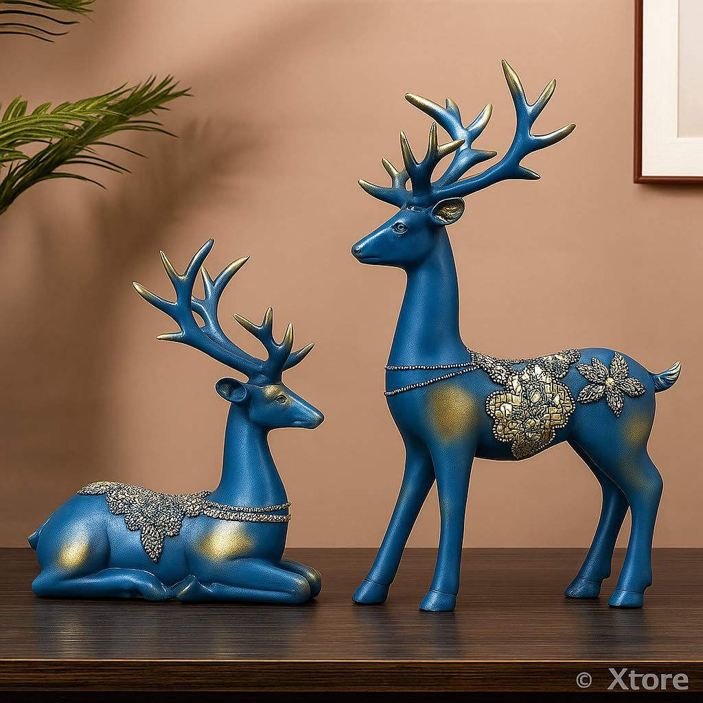 Xtore Creative Resin Golden Reindeer Sculptures | Beautiful Home Decor | Lifts up Energy of Your Room - (Pack of 2, Blue)