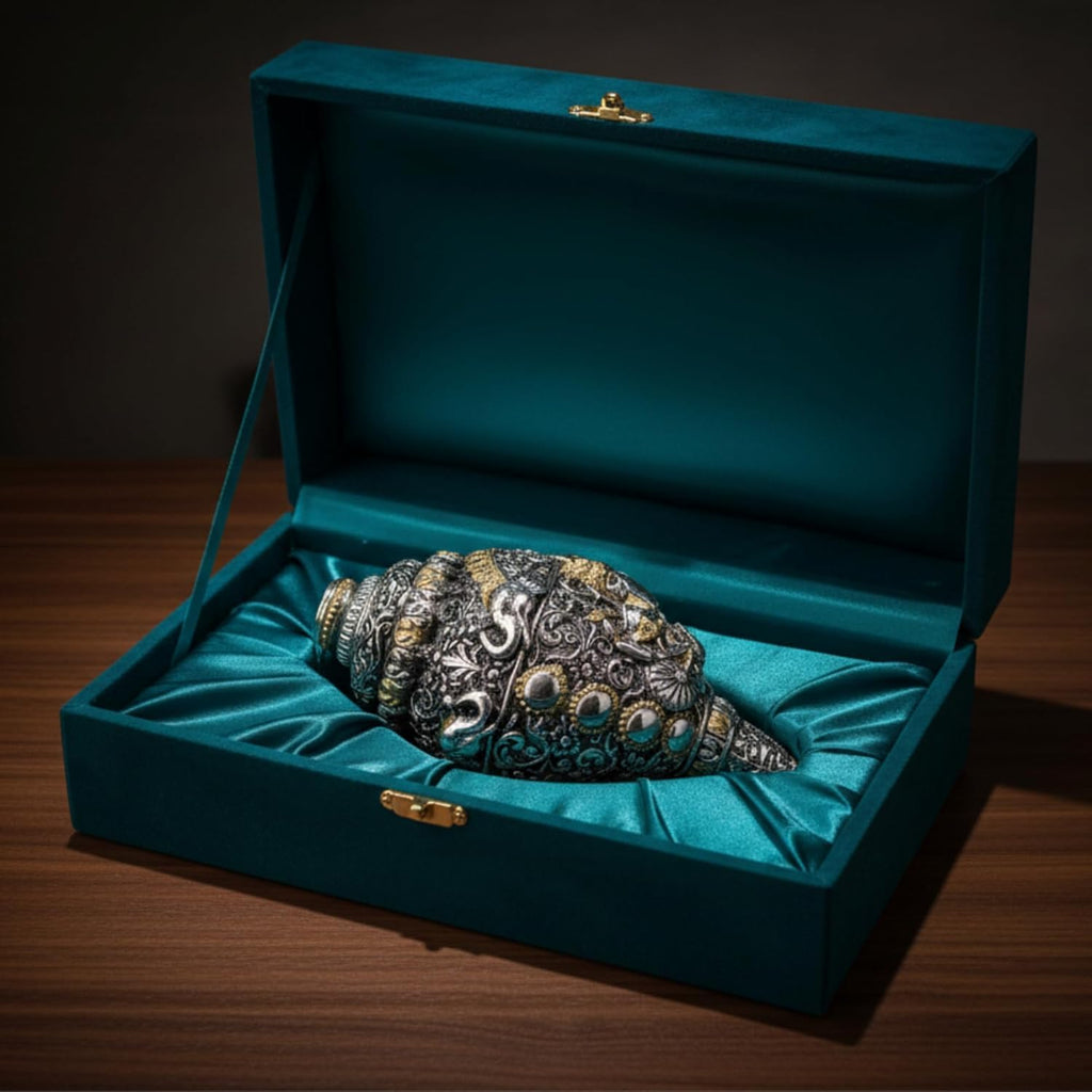 Dev Aastha 999 Pure Silver Plated & 24K Gold Plated Ganesh Shankh | Sacred 5.5 Inch Dual-Tone Conch Shell | Vastu Showpiece for Success & Wealth | Auspicious Pooja Gift.