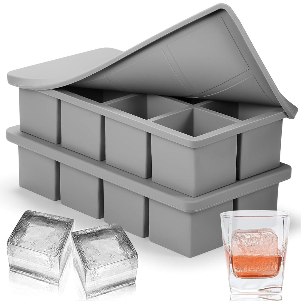 Ice Cube Molds with Lid,Big Silicone Ice Cube Tray for Whiskey,2Inch Square Ice Cube Tray,Easy-Release Ice Mold,Giant Ice Cubes for Bourbon Cocktail (2, Off-Grey)