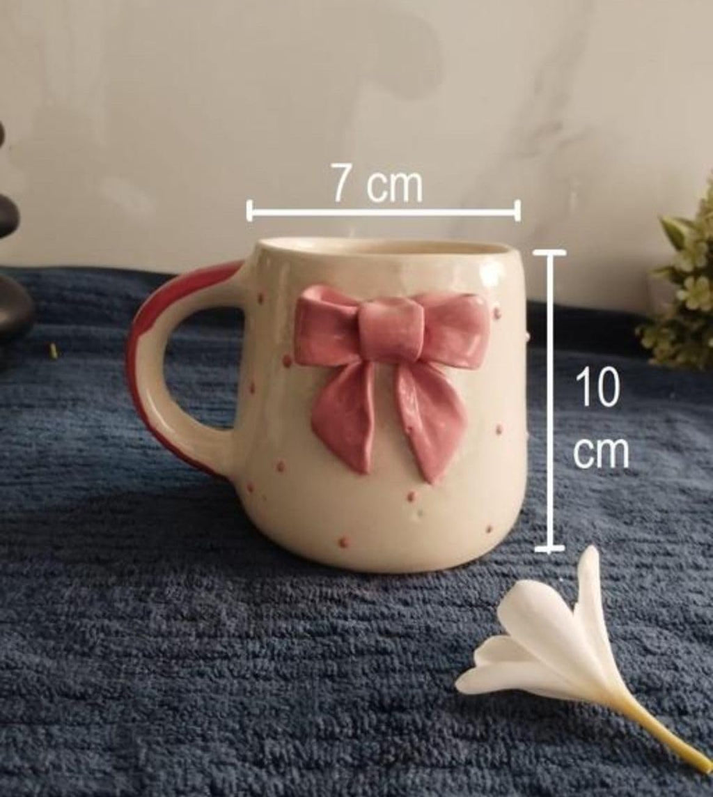 THE INDIAN HOME Cute Pink Bow Ceramic Mug for Coffee Tea Milk | 3D Bow Design Gift Mug for Girls Women Kids | Premium Glazed Polka Dot Finish (1)