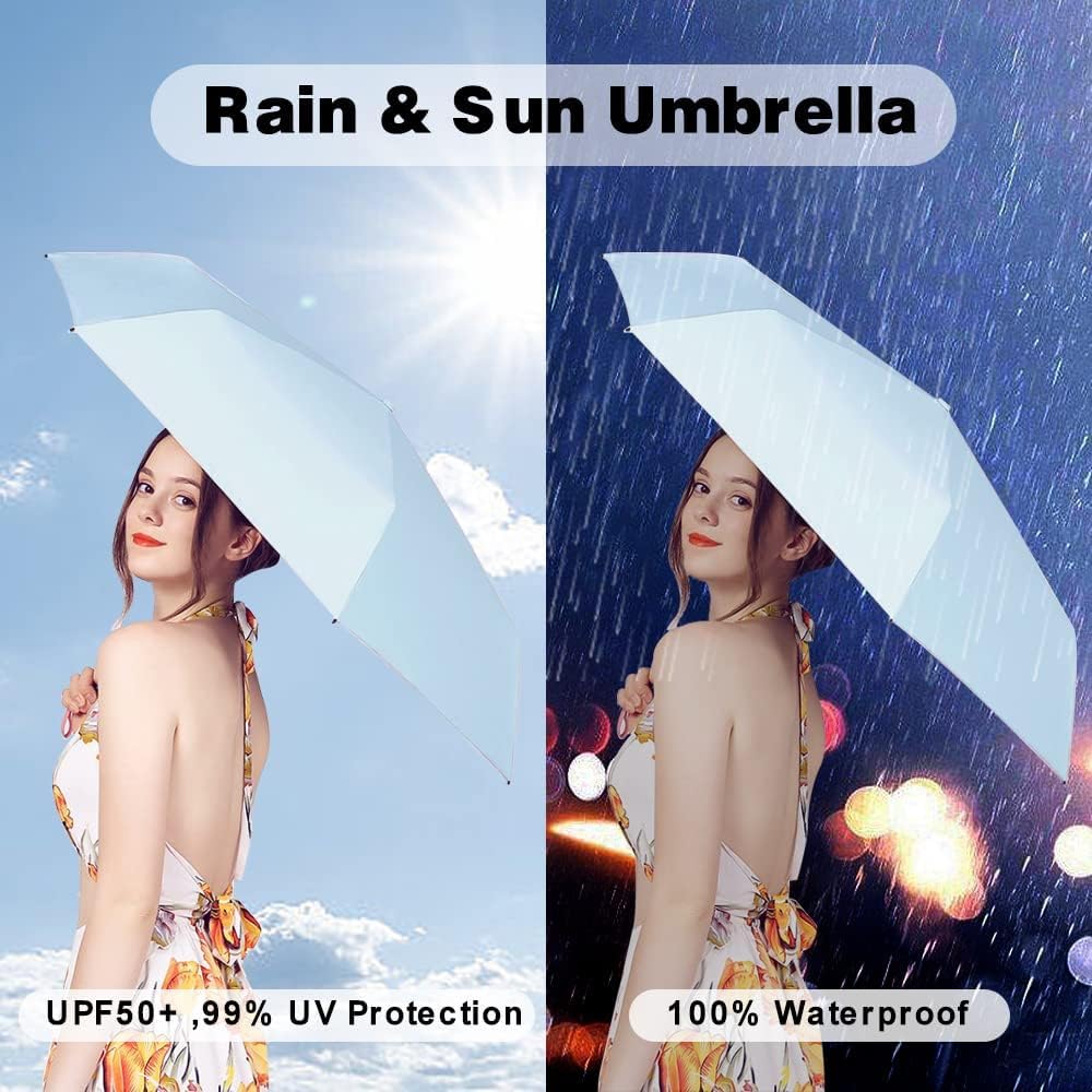 REXERA UV Travel Mini Folding Ultra Compact pastel Umbrella with Case, Manual Open 6 Ribs Lightweight Portable, Small Sun & Rain Pocket Umbrella for Men and Women- Use in Rain & Summer (Skyblue)