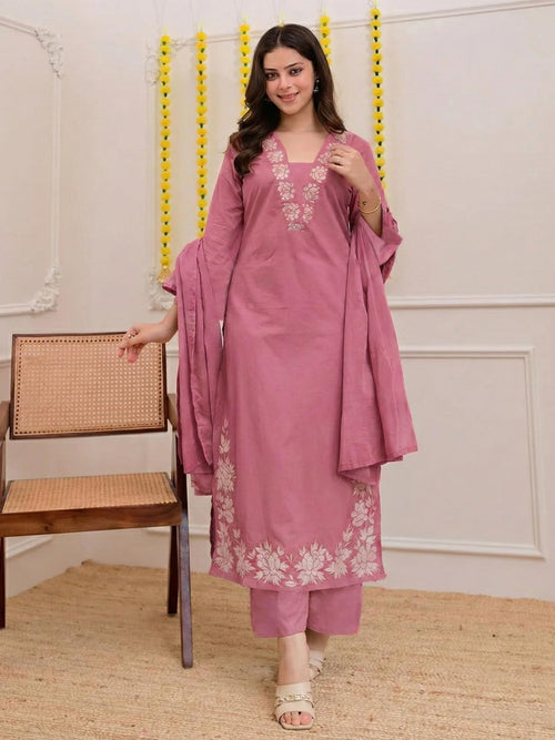 ANNI Designer Women's Rayon Viscose Straight Embroidery Kurta with Pant & Dupatta (FULKUMARI Baby Pink_L_Baby Pink_Large)