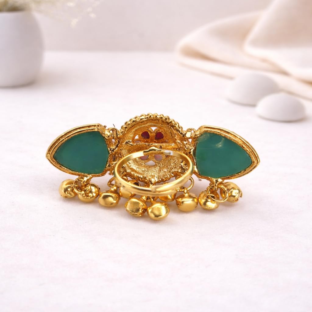 STREE STORE Gold Plated Antique Ring with Polki Diamond Floral Design for Women & Girls | Adjustable Traditional Ghunghru Green Stone Finger Ring