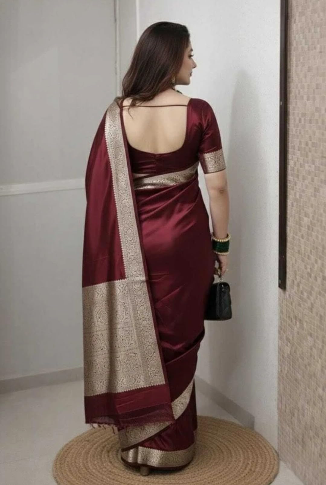 Rabbaitul Bait Banarasi Satin Kanjivaram Saree Wine Silver Zari Pure Soft Blend Silk Sari Satin Women Kanchipuram Paithani Silk Party Wedding New Ladies Wine Color Sadi with Blouse Piece (Maroon)