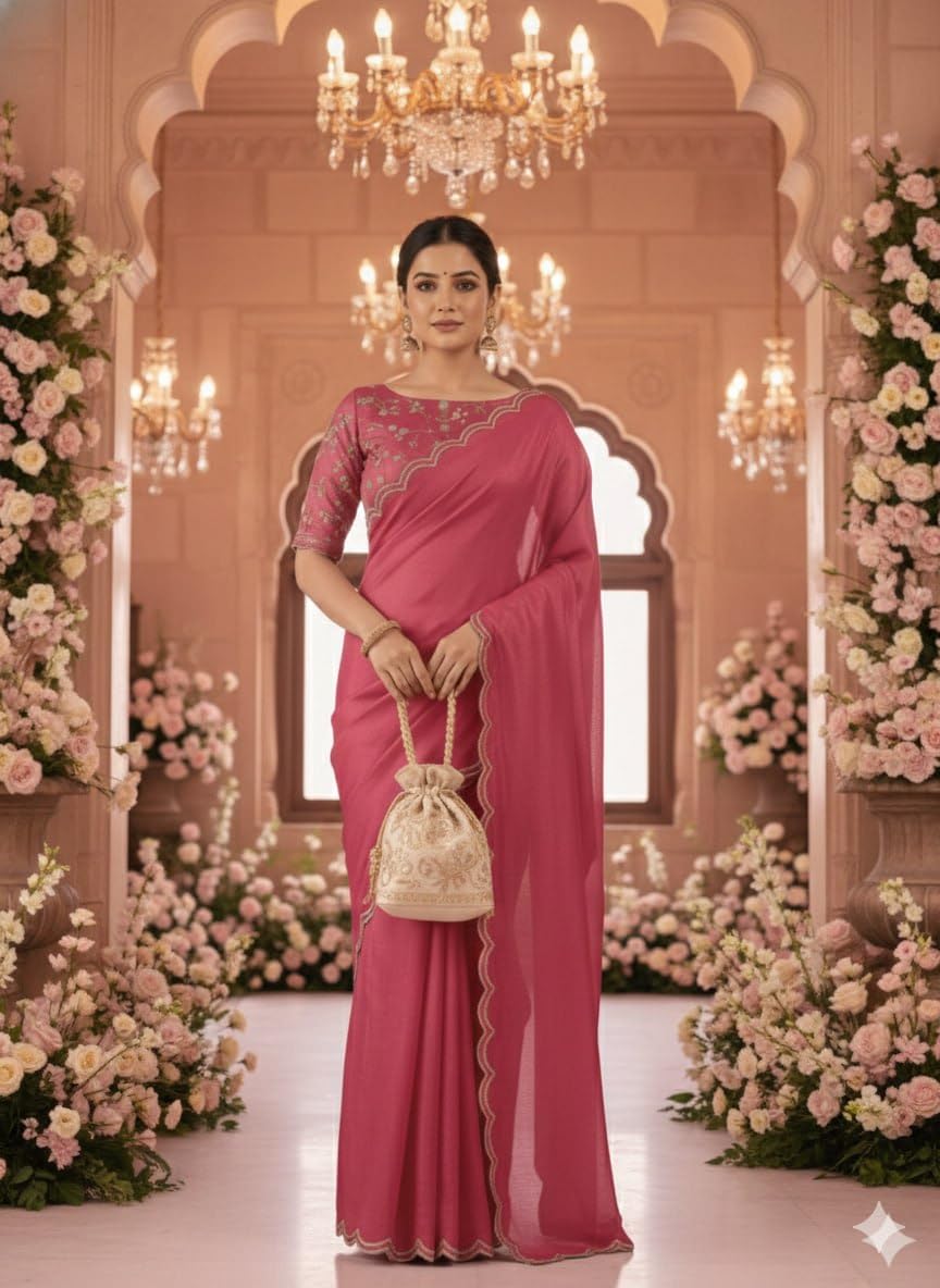Chinon Silk Saree with Embroidered Blouse, Traditional Georgette Saree, Elephant Embroidery Pattern, V-Neck Design, Free Size, Festival Wear (Pink)