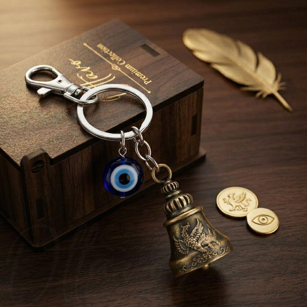 OTTAVO Premium Guardian Bell Keychain for Bike & Car | Tibetan Texture Bell Keychain with Evil Eye & Silver Hook | Good Luck Charm with Laser-Engraved Wooden Gift Box (Antique Brass)