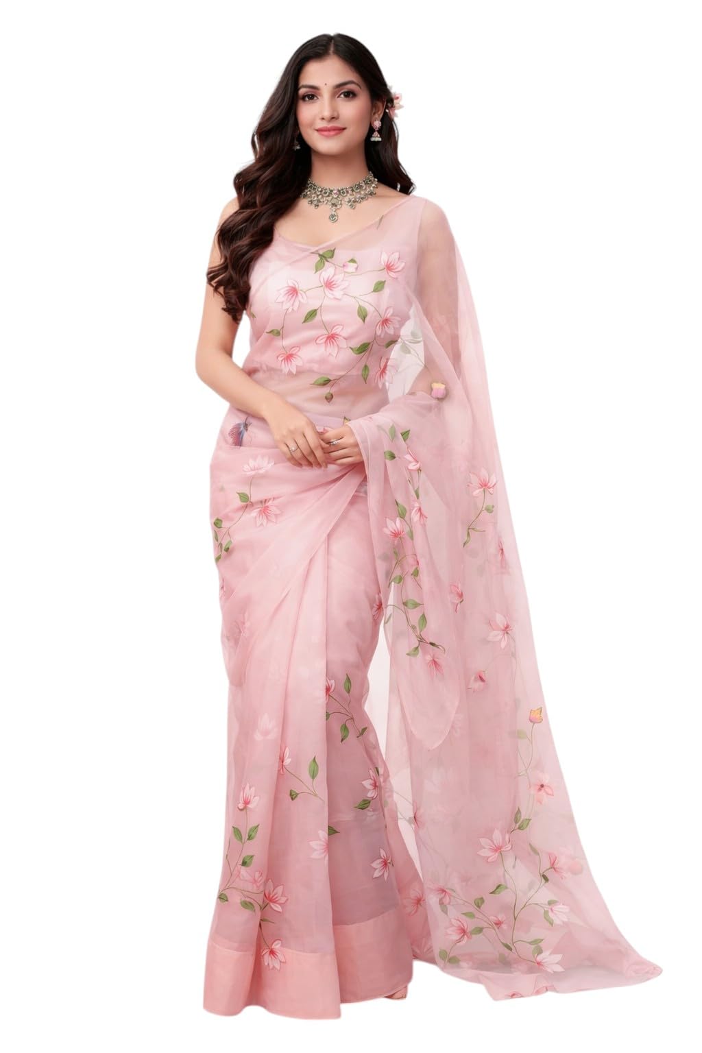 NoseQueen Women's Floral Design Hand Brush Painted Organza Saree with Blouse - Pink