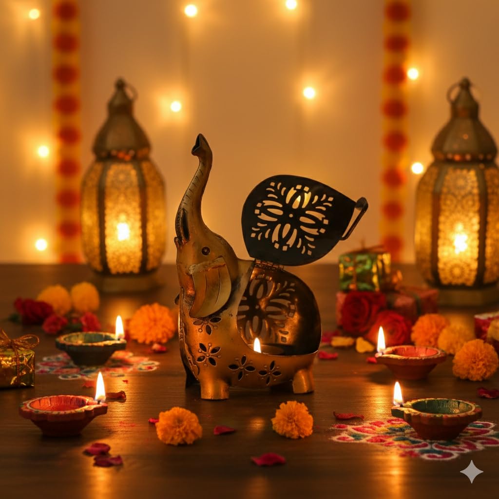 kraftcaar Metal Elephant Tealight Candle Holder and Showpiece | Decorative Iron Table Decor with Tea Light Stand | Traditional Home Accent for Dining Table | Festive, Diwali Gift Item