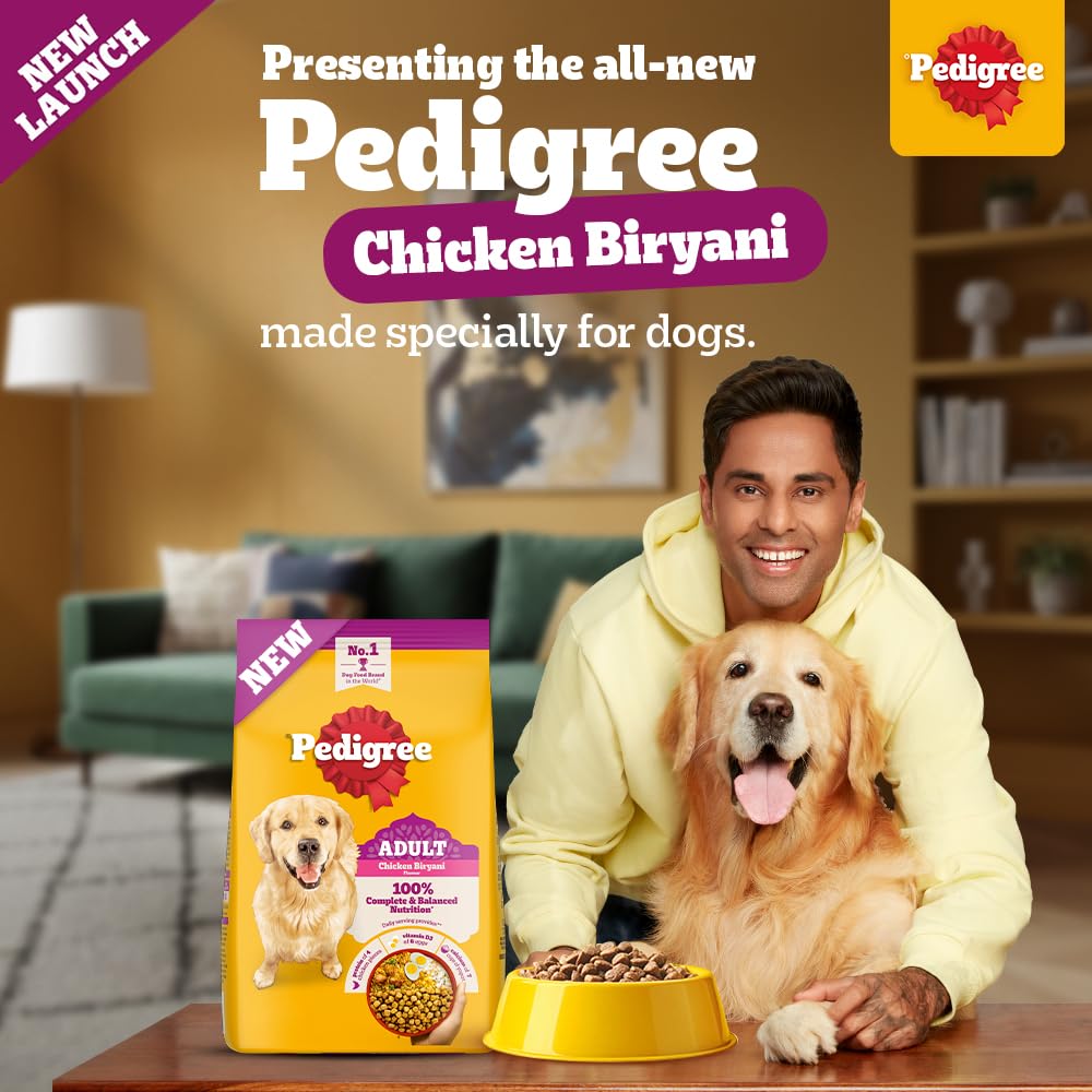 Pedigree Adult Dry Dog Food, New Chicken Biryani Flavour, 1 kg, Protein of 4 Chicken Pieces, Vitamin D3 of 6 Eggs, Calcium of 7 Cups of Yogurt, 100% Complete and Balanced Nutrition