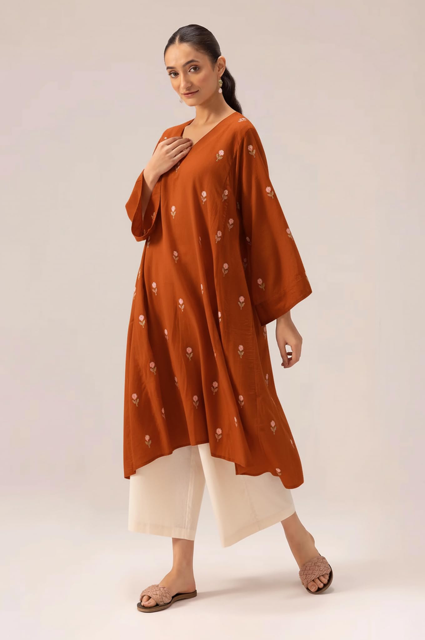 ANNI Designer Women's Rayon Viscose A-Line Printed Kurta with Palazzo (QUSHI Rust_M_Rust_Medium)