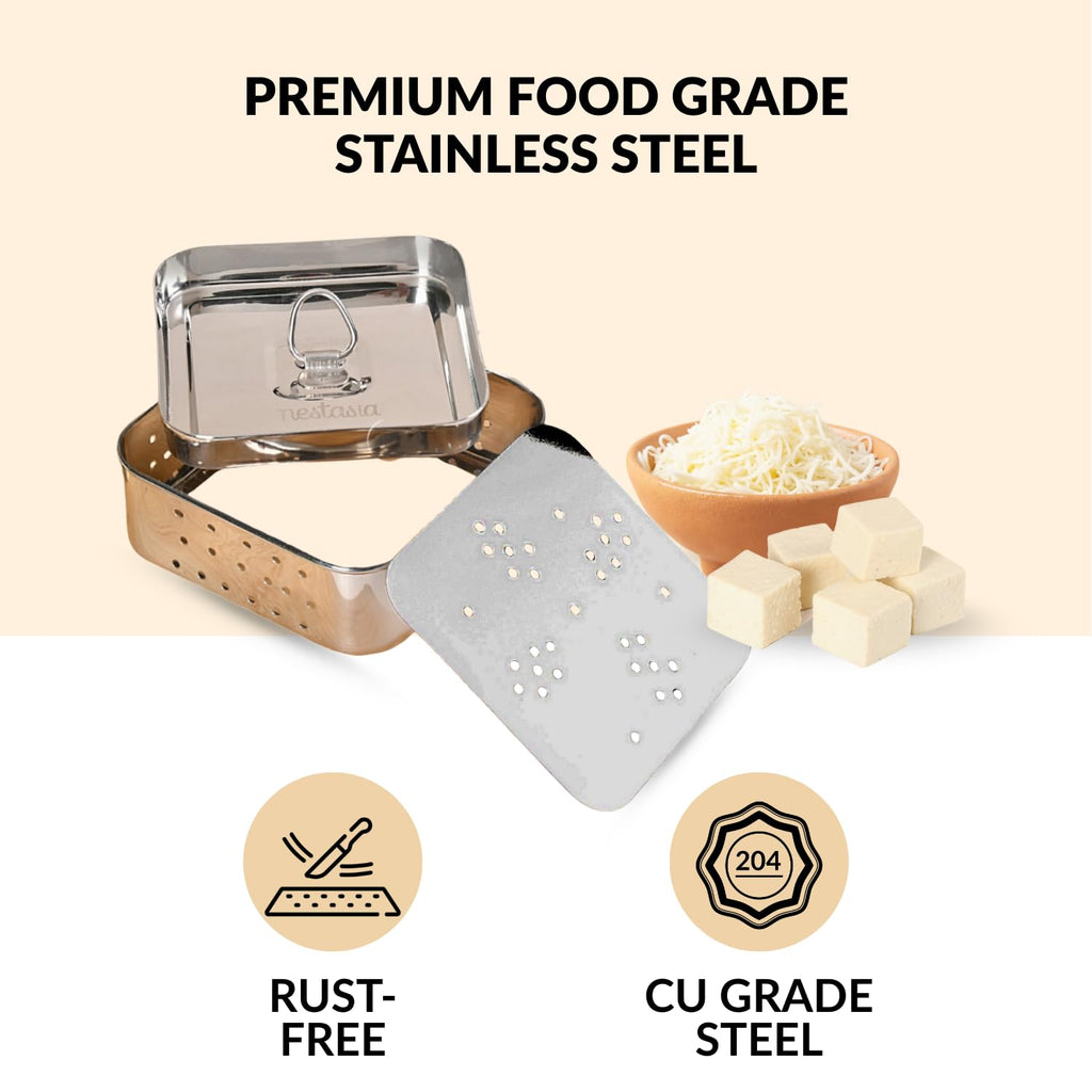 Nestasia Large Stainless Steel Paneer Maker (550 ml) - Square Paneer Maker Mould Press with Lid | Rust Resistant Medium Paneer Strainer - Perfect for Fresh Paneer, Tofu & Sprouts