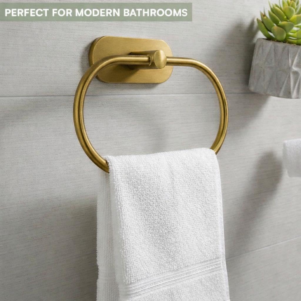 Oslen Magic Sticker Towel Ring Holder for Bathroom – Self Adhesive Wall Mount Hand Towel Hanger Without Drilling, Brushed Antique Brass Gold Finish, Rustproof Stainless Steel (Pack of 1)