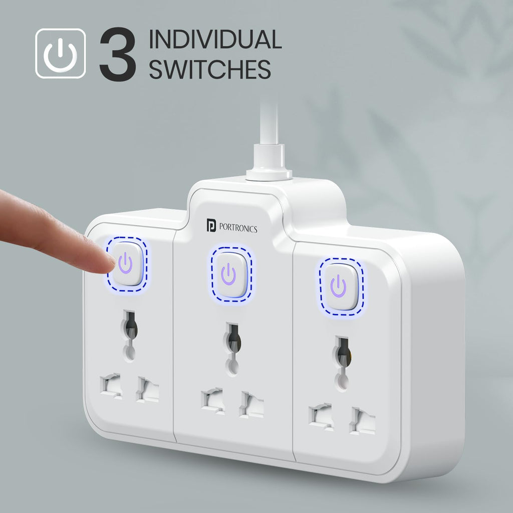 Portronics 2500W Power Plate Nano 3-in-1 Power Extender with 3 Universal Sockets, Individual Switches, 180° Flexible Cord, Child Safety Shutters, for Home, Office, Laptops, Mobiles & Appliances