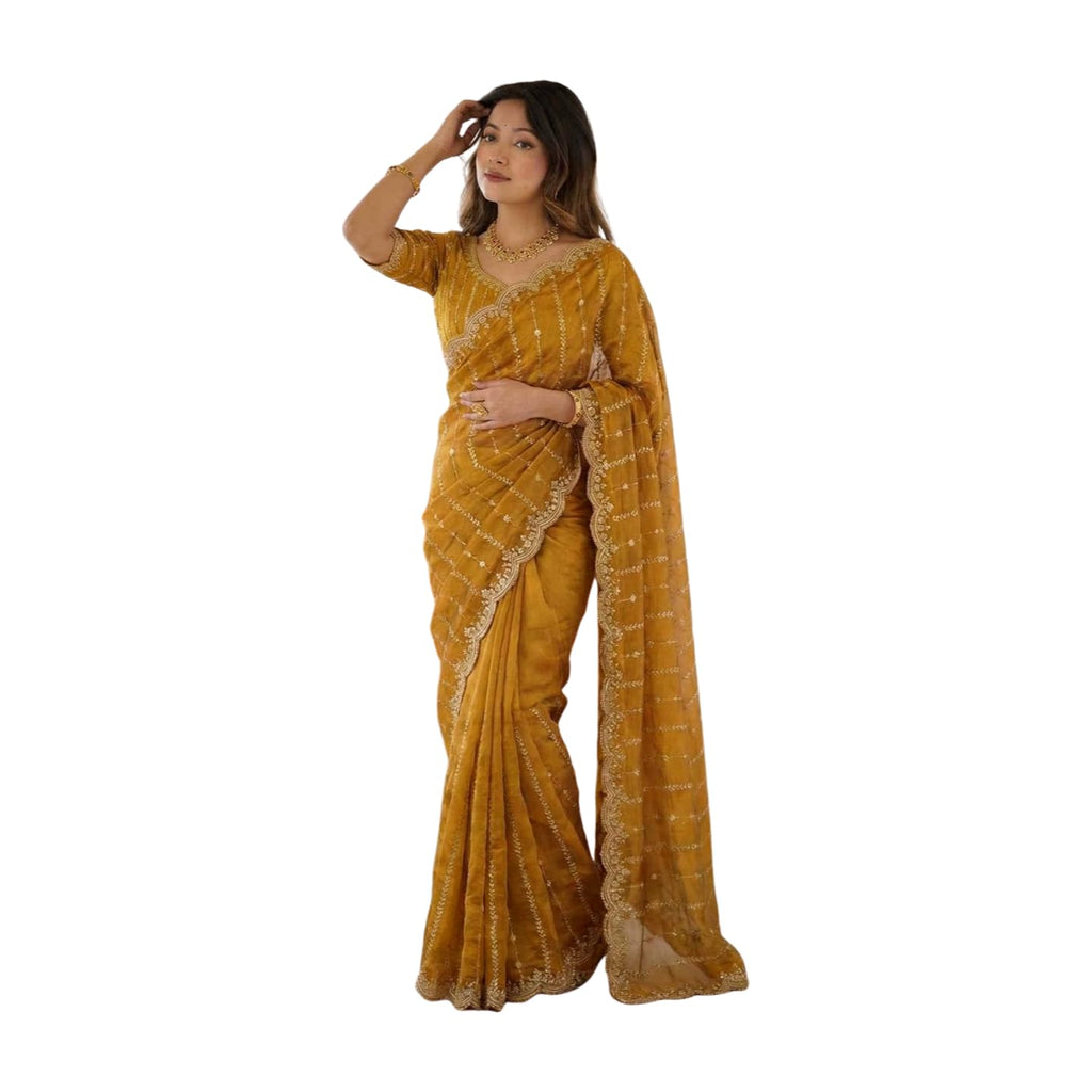 Shiv Textiles Women's Fendy Satin Embroidery Work Saree(CM-911-MUSTARD)