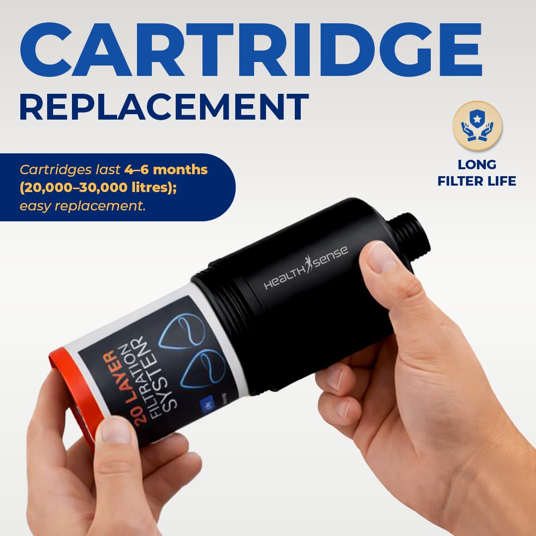 HealthSense Hard Water Softener Filter for Tap, Shower & Kitchen | Shower Filter for Bathroom | 20 Stage Dechlorination System with Activated Carbon & KDF-55 | | 6 Months Cartridge Life | Black
