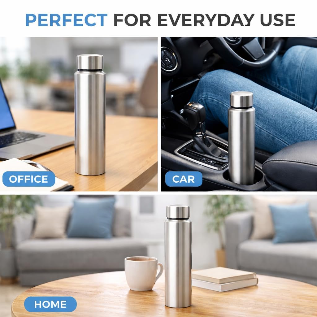 Shopsidex® bottle Stainless Steel Water Bottle, 1000 ml, Silver, Leak-Proof, Modern Design Stainless Steel Water Bottle,school/college/office/home/kitchen/gym/travelling (Pack 6)