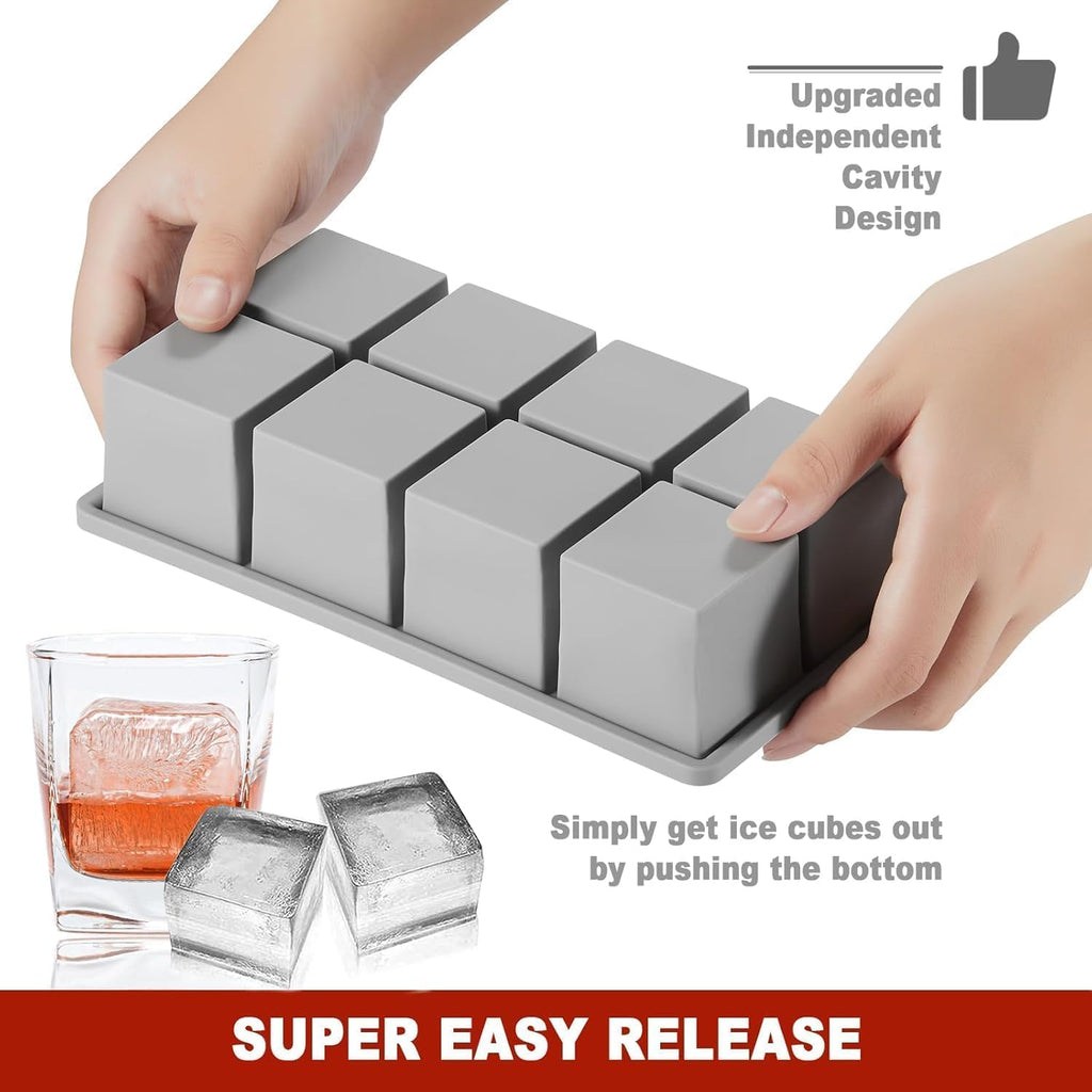 Ice Cube Molds with Lid,Big Silicone Ice Cube Tray for Whiskey,2Inch Square Ice Cube Tray,Easy-Release Ice Mold,Giant Ice Cubes for Bourbon Cocktail (2, Off-Grey)