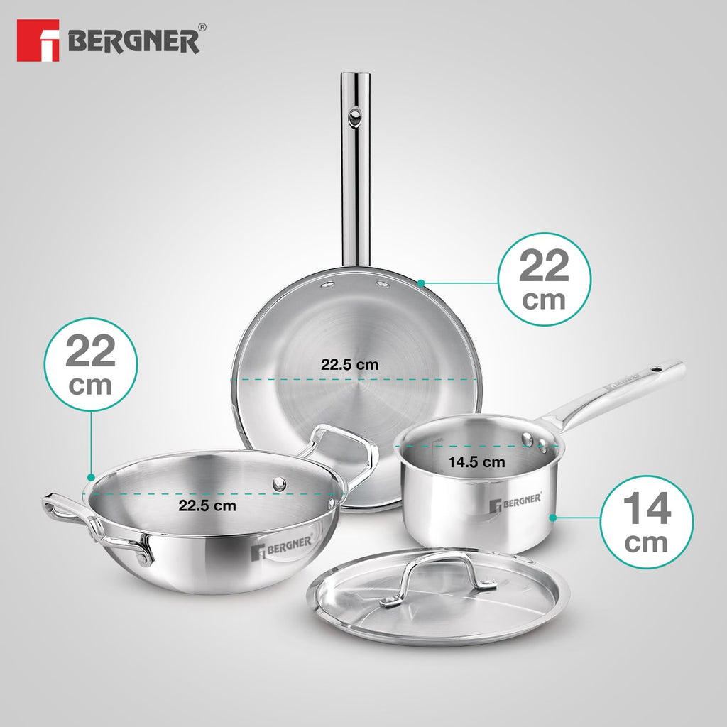 Bergner TriPro 4 Pcs Tri-Ply Stainless Steel Induction Bottom Cookware Set - 22cm (2.1L) Kadai and 22cm (1L) Frypan with Common Stainless Steel Lid, 14cm (1.1L) Teapan, Less Oil Use, Easy to Clean