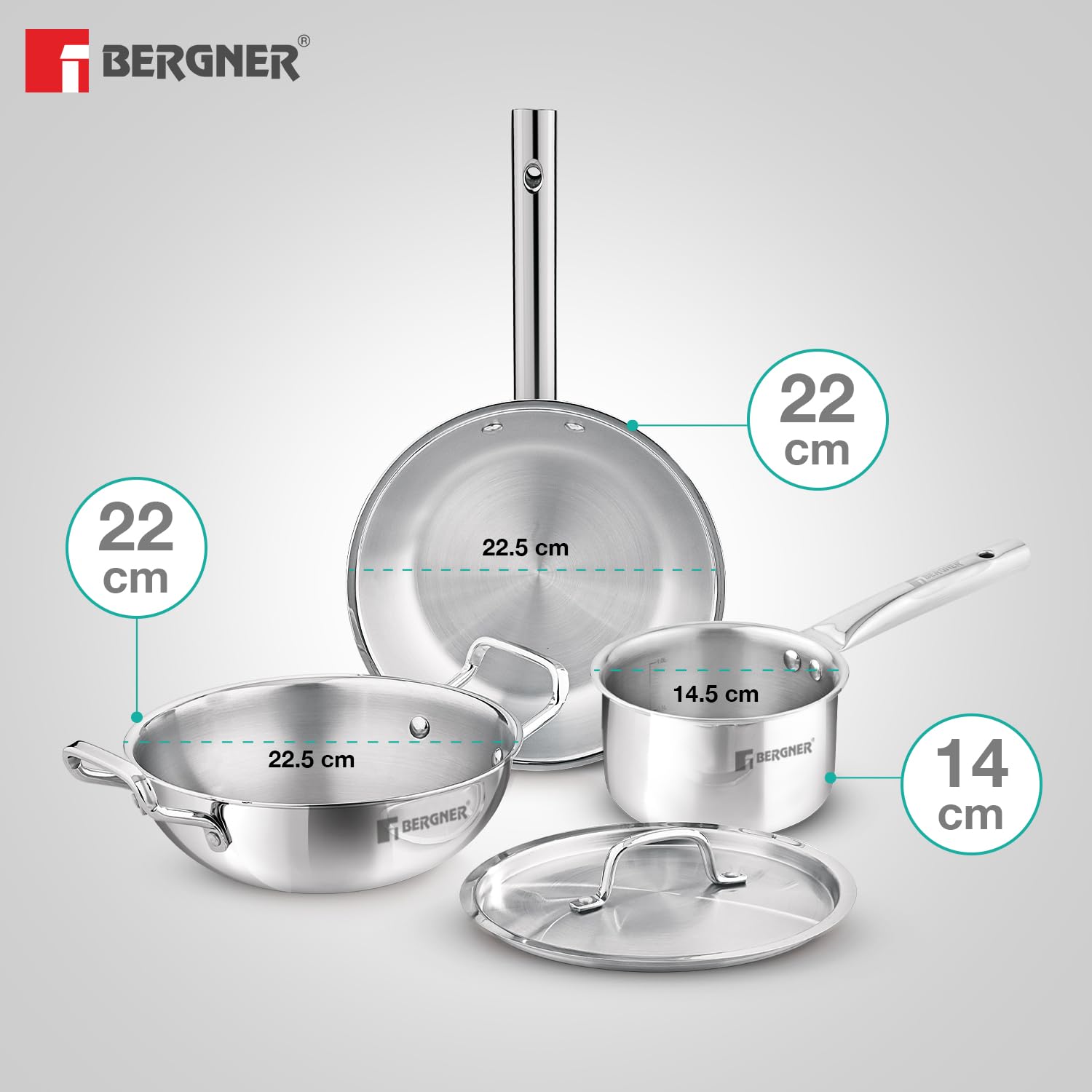 Bergner TriPro 4 Pcs Tri-Ply Stainless Steel Induction Bottom Cookware Set - 22cm (2.1L) Kadai and 22cm (1L) Frypan with Common Stainless Steel Lid, 14cm (1.1L) Teapan, Less Oil Use, Easy to Clean