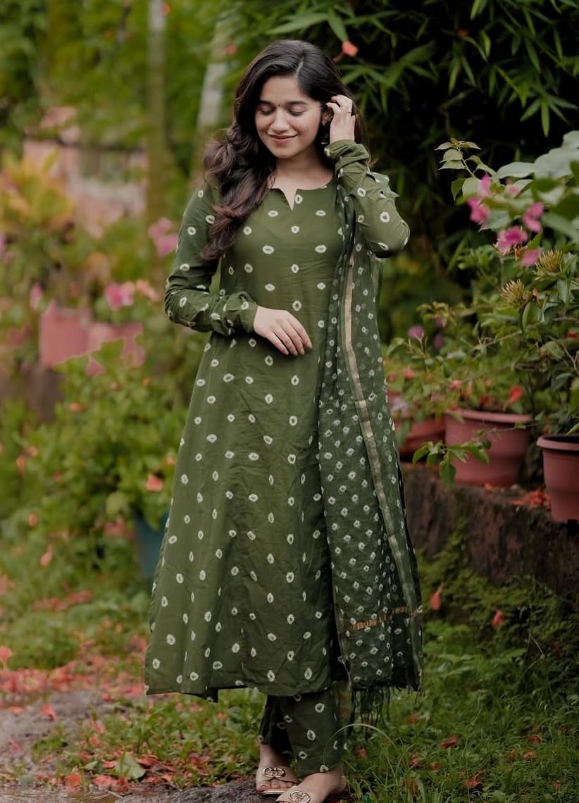 KLOSIA Women's Printed Anarkali Kurta and Pant with Dupatta Set (in, Alpha, L, Green)
