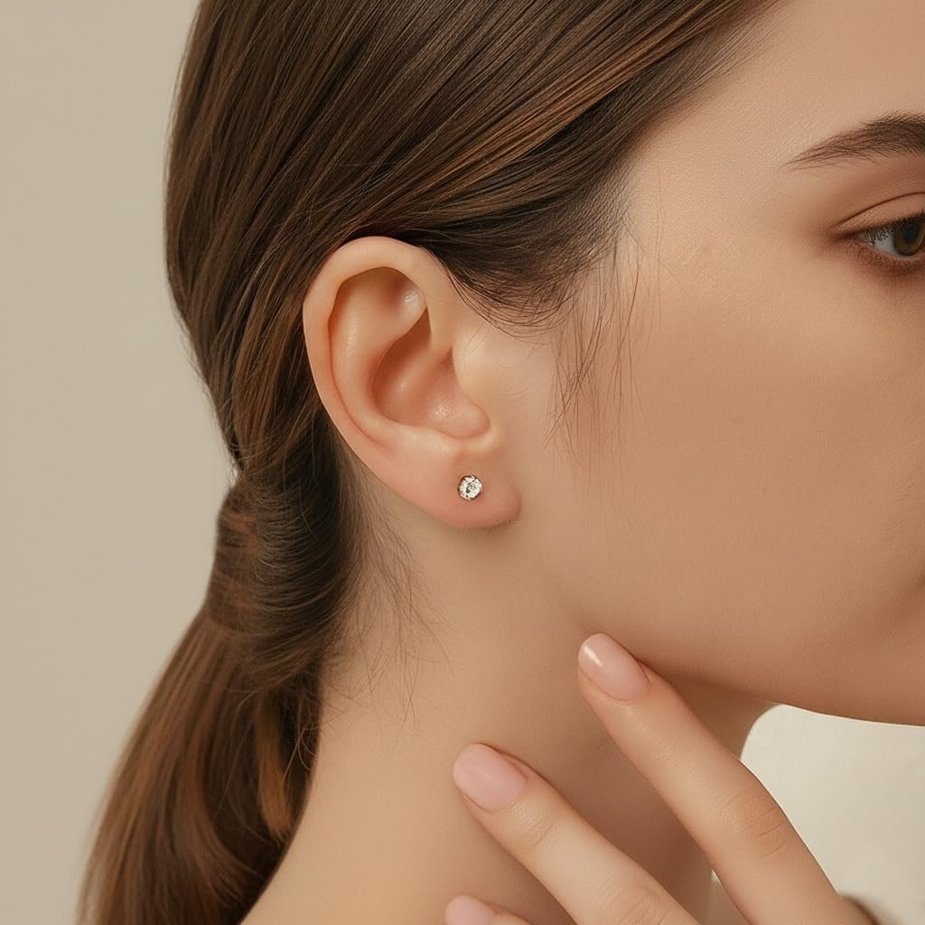 ELARVIA - 4mm Women’s Screw Back Stud Earrings – Gold Stainless Steel CZ Diamond Look Ear Studs for Women & Girls | Hypoallergenic, Everyday, Office , Party & Festive Earings, Durable & Stylish Fashion Jewelry Pair