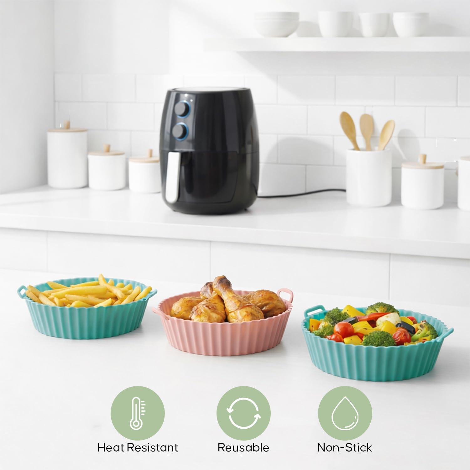 DALUCI Air Fryer Liners Silicone Reusable Tray No Mess Easy Clean Basket Liner with Handles - Round (8 Inch, Pack of 2)