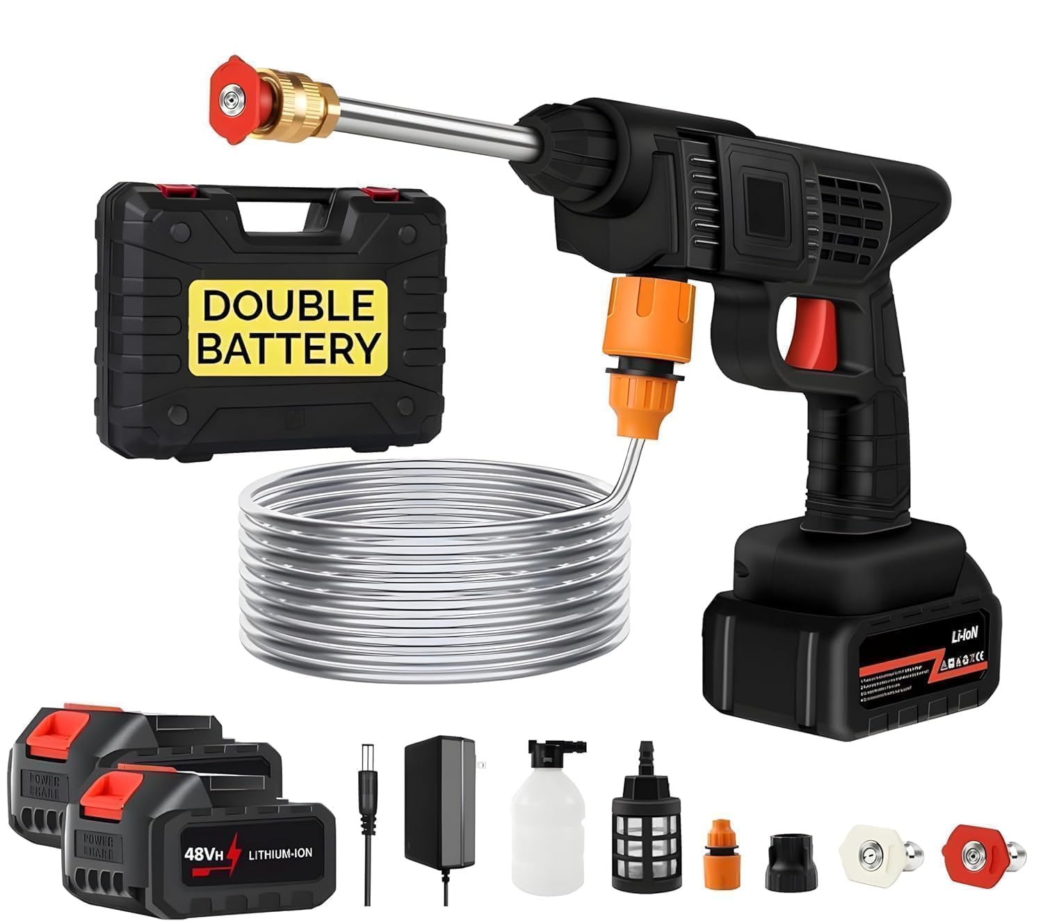Cordless Portable Pressure Washer Gun 48V 12000mAh | Double Battery Wireless High Pressure Water Gun with Adjustable Nozzle & 5M Hose Pipe | Car Wash, Bike Cleaning & Outdoor Use.