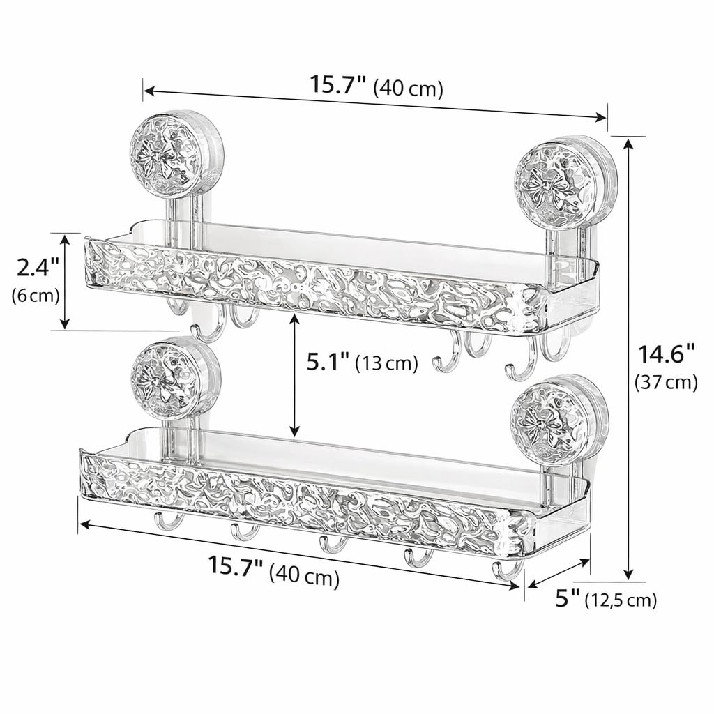 ZOCKRIX Wall Mounted Bathroom Storage Rack with Suction Cups – Double Shelf with Hooks – Transparent & Patterned Front Design (2)
