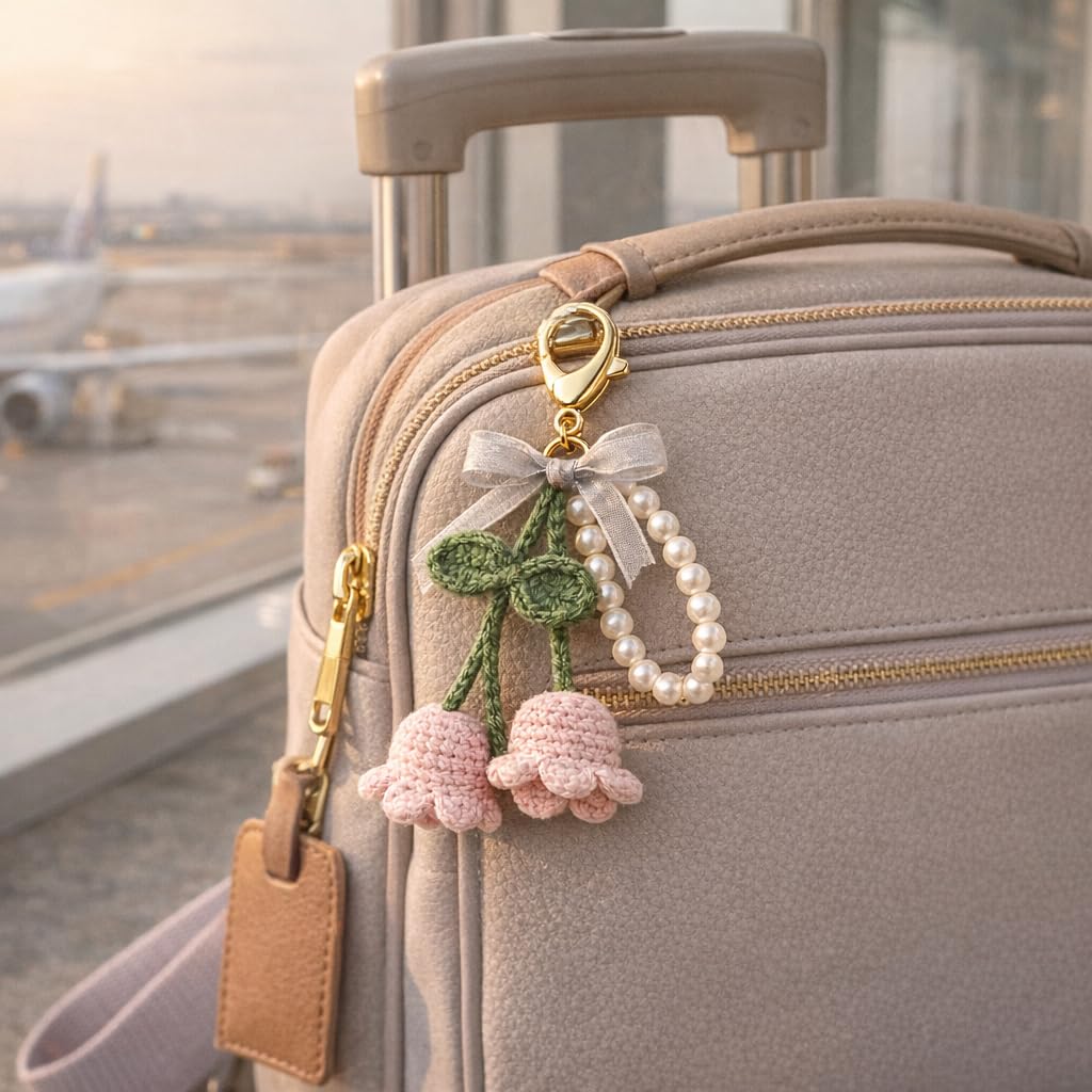 Handmade Crochet Cherry Keychain with Pearl Loop & Gold Clasp | Cute Pink Yarn Bag Charm for Girls & Women | Aesthetic Bike Key & School Bag Accessory