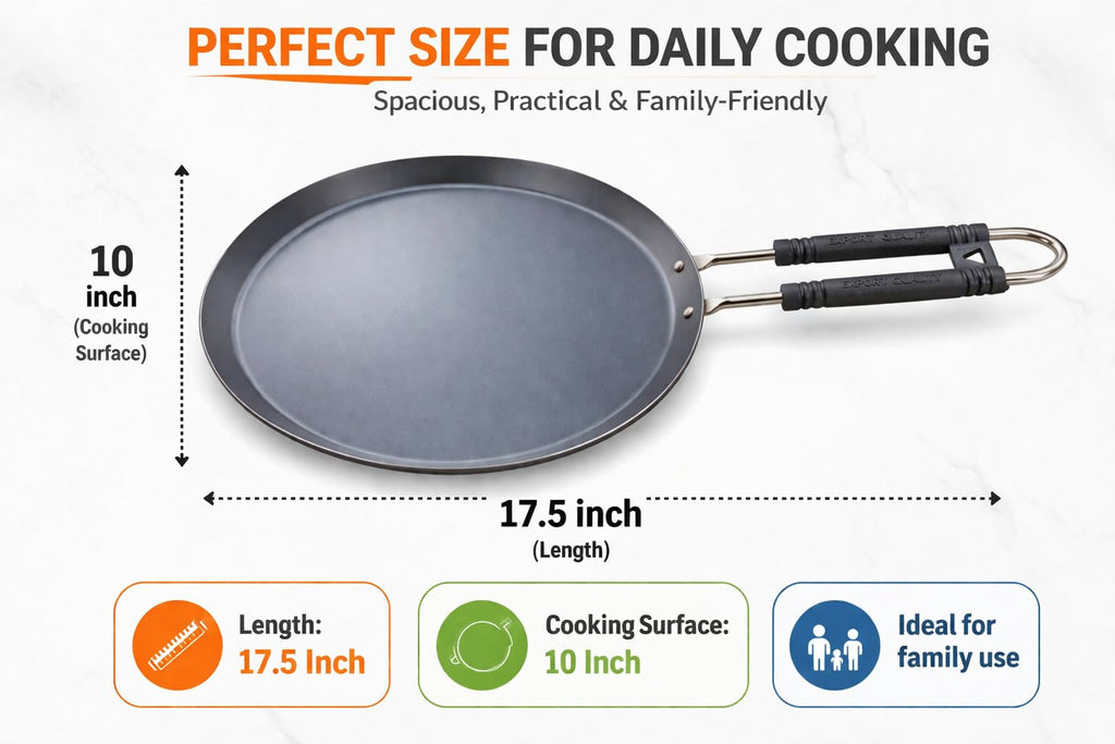 Pure Iron Induction Tawa 10 inch Diameter for Roti, Chapati & Dosa with Steel Handle | Heavy Iron Tava with Health Benefits | Non-Toxic, No Chemical Layer | Induction & Gas Compatible, 1 KG