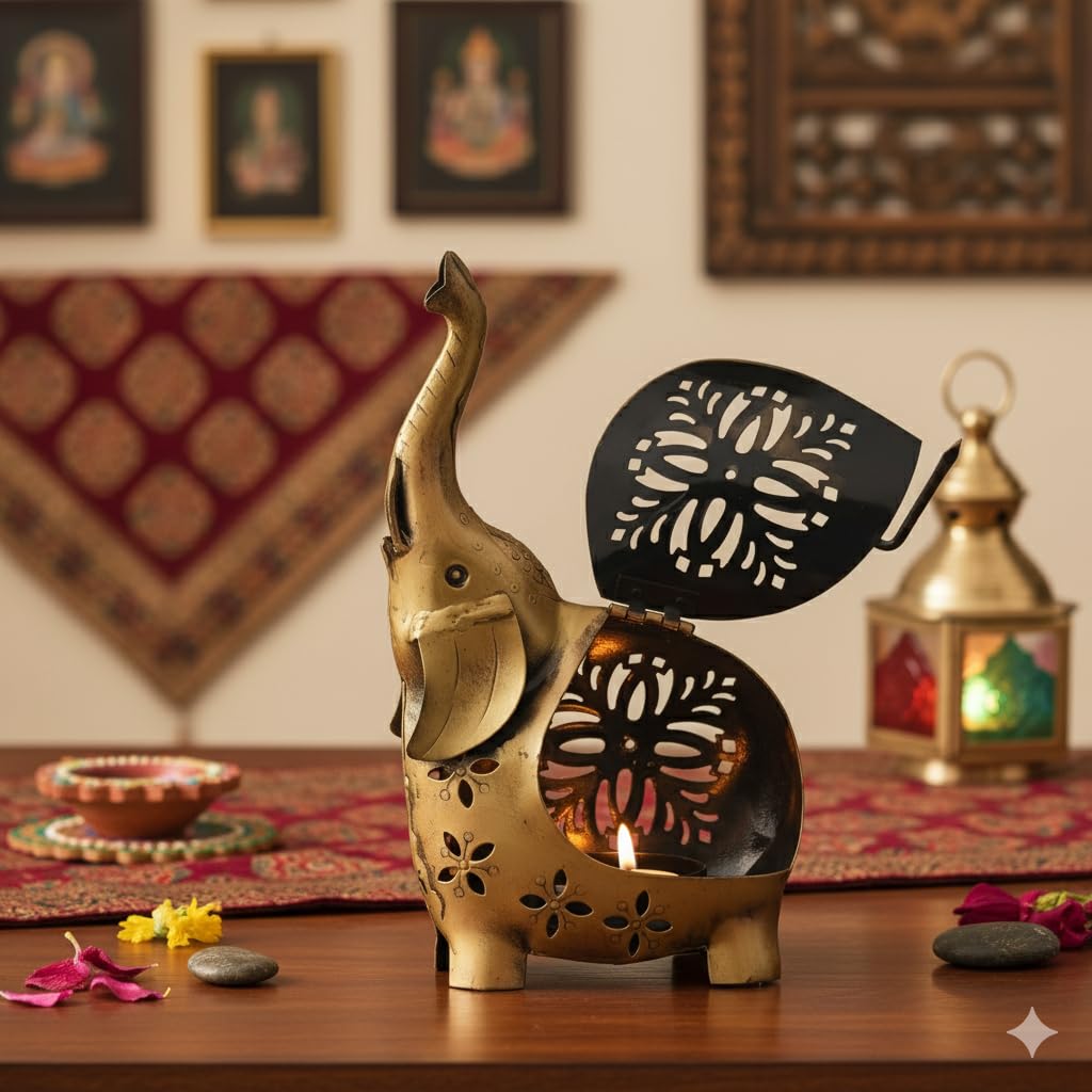 kraftcaar Metal Elephant Tealight Candle Holder and Showpiece | Decorative Iron Table Decor with Tea Light Stand | Traditional Home Accent for Dining Table | Festive, Diwali Gift Item